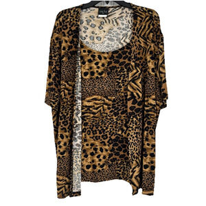 Vintage Y2K JKLA Leopard Print Layered Look Top Short Sleeve Stretch Size 2X